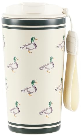 Animal Print Insulated Travel Mug 500ml, Ceramic‑Lined Stainless Steel Coffee Cup, Leakproof Lid with Sip Spout & Straw, Anti‑Slip Base, Carry Lanyard, Hot Cold Reusable Cup,Ducks