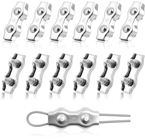 Flintronic M4 Duplex Klemme, 12 Stück Drahtseilklemme, 4mm Duplex Edelstahl Drahtseil Seilklemme, Seilverbinder für 4mm Drahtseil Stahlseil WäScheleine Forstseil Natursei Markise Fixiert