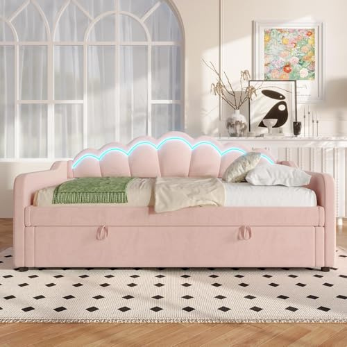 Sweiko Lit de Rangement Hydraulique avec Bandes Lumineuses LED à Couleur Changeante, 90x200 cm, Canapé-Lit Simple en Velours (sans Matelas) (Pink1)