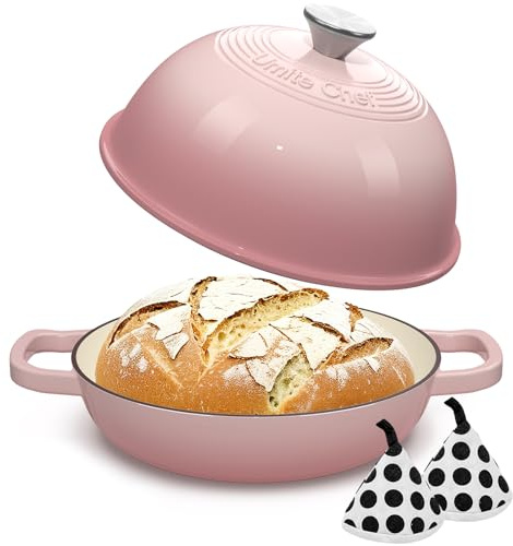Dutch Oven Topf aus Gusseisen mit Deckel, runder Brotofen zum Sauerteigbrotbacken, Umite Chef Emaillierter Gusseisen-Brotofen mit Kuppeldeckel & Topflappen aus Baumwolle für Sauerteig, Rosa, 6 Quarts