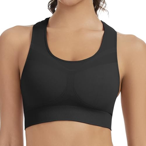 Lemef Racerback Sports Bras for Women Medium Support Workout Bra Seamless Unpadded Yoga Gym Fitness Bra Black L