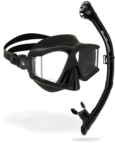 CRESSI Horizion+Scilla Combo Black/Black - Set Maschera Horizon 4 Vetri Temperati Separati e Snorkel Scilla Top Dry Valve System per Immersioni e Snorkeling, Nero/Nero, Unisex