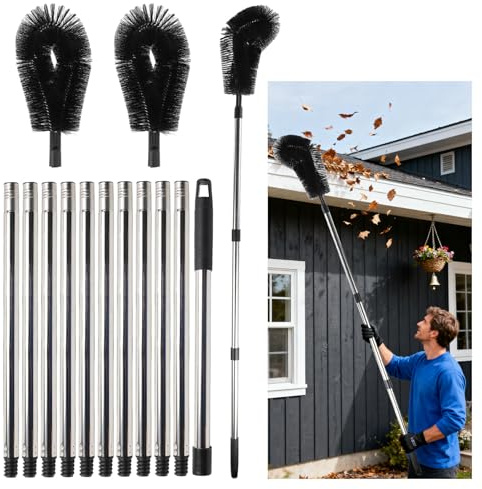 Gutter Cleaning Tools 14FT/430CM,Telescopic Gutter Cleaner with 2 Brush Heads,Extendable Pole Kit for Roof Leaves Moss Debris,Adjustable Gutter Brush from Ground,Stainless Steel