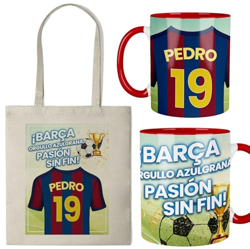 Kembilove® Taza + Bolsa Personalizada de Fútbol | Diseño Azulgrana “Barcelona Orgullo Azulgrana” con Nombre y Número | Regalo Original para Niños, Niñas y Adultos Aficionados al Fútbol