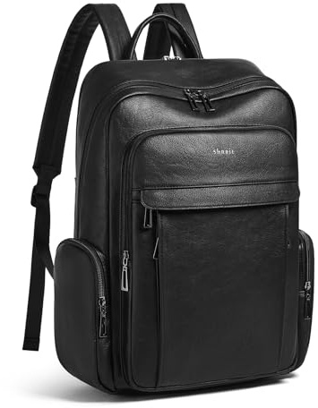 Shrrie Leather Laptop Backpack for Women with 17 inch Vegan Leather Computer Backpack Purse for Travel College Work,Two-toned Black