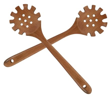 VALICLUD 2 Pièces Cuillère à Pâtes Bois Naturel avec Dents Louche Longue pour Spaghetti Passoire et Service de Nouilles Manche Anti-brûlure Résistante à Eau et Facile à Nettoyer