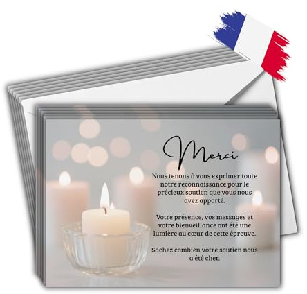 EVTI Lot de 50 cartes de remerciement décès avec enveloppes incluses, Remerciement décès avec message de deuil élégant, papier prémium 350 g, Entreprise Française, modèle bougie