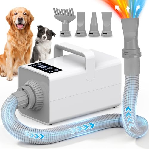 YAZEKY Pulseur pour Chien avec écran LCD, 3200W Souffleur Chiens Silencieux | Pulseur pour Chien Poils Longs, Toilettage Sèche-Cheveux pour Animaux, Vitesse et Température Réglables avec 4 Buses