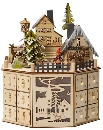Adventskalender Holz mit LED-Lichtern und Musik,Weihnachtskalender aus Holz mit 24 Schubladen,Adventskalender zum befüllen holz für Kinder, Weihnachtsdeko (A)