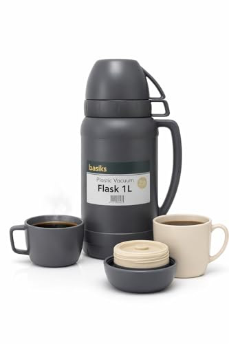 Thermal Flask 1L | Glass Lined Insulated Vacuum Flask with 2 Cups | Keeps Drinks Hot for 12 Hours & Cold for 24 Hours | Ideal for Travel, Work, Camping & Outdoor Use