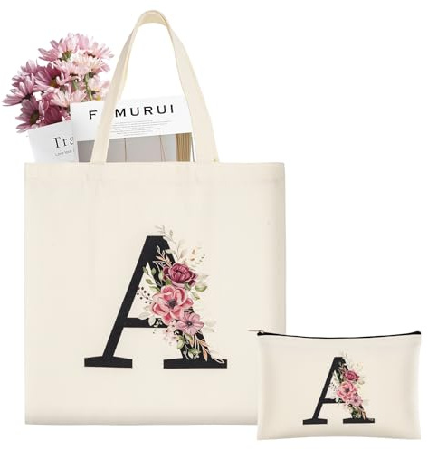 ABOHU Borsa Iniziale Personalizzata, Borsa Tote in Tela con Iniziali, borsa Shopper Donna Tote Bag Shopper Cotone, Cosmetica per Sposa Damigella, Borse in tessuto Donna, Mamma, Amica, Regali (A)