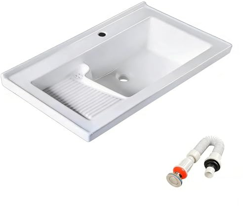 Lavabo Salle de Bain, Planche a Laver Intégrée, Conception a Double Zone, en Céramique, Vasque a Poser, pour Meuble de Salle de Bain(810mm/31.8in)