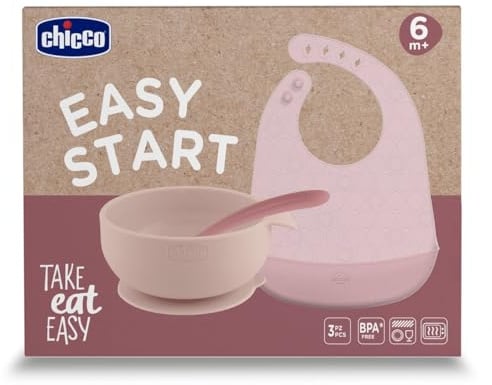 Chicco Set Pappa in Silicone Easy Start 6m+, Set Svezzamento 3 Pezzi con Ciotola Ventosa Antiscivolo, Bavaglino Tasca Raccoglipappa e Cucchiaio Morbido,100% Silicone Alimentare Senza BPA