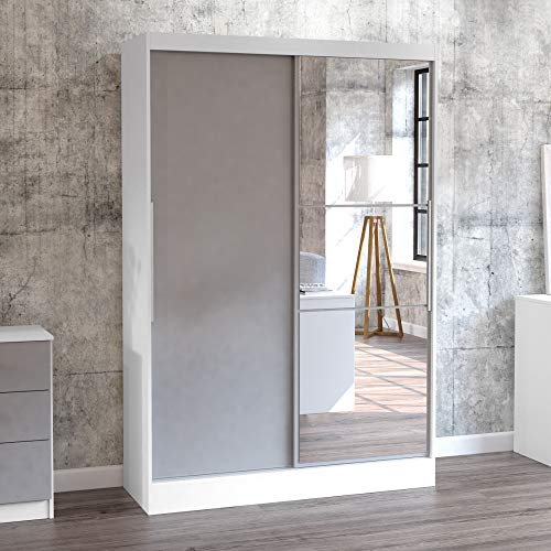 Happy Beds Lynx 2 Door Sliding Mirrored Wardrobe Wood Bedroom Furniture Storage White and Grey