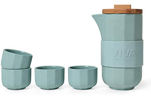 VIVA scandinavia Teekanne mit 4 Teetassen im 5-teiligen-Set aus Porzellan, Teekanne Porzellan mit hochwertigen Bambus-Holz-Deckel, Türkis Grün