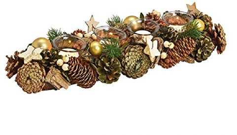 Weihnachts-Gesteck Advents-Kranz Teelicht-Kerzen-Halter Advent aus Holz mit Tannen-Zweigen, Kugeln, Ästen & Sternen braun grün & gold - Weihnachts-Deko Tisch-Dekoration Winter & Advent Länge 42cm