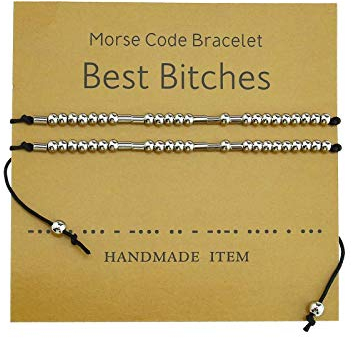 EMSea 2 Stück Morsecode Armbänder Verstellbare Kupferperlen Anhänger Freundschaft Schmuck Armband Set mit Karte, Best B*tches