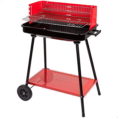 Aktive 52898 - Barbacoa carbón y leña Rectangular 66x44x85 cm | 4 alturas regulable | Sperficie para 6 comensales | 2 ruedas para fácil transporte | Depósito de cenizas