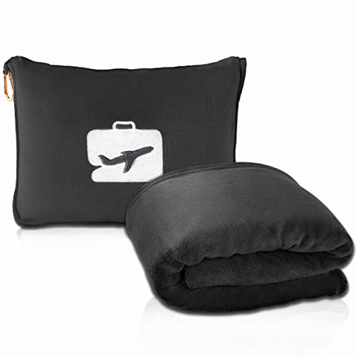 EverSnug Reisedecke und -Kissen - hochwertige, weiche 2-in-1-Flugzeugdecke mit weichem Kopfkissenbezug, Handgepäckgurt, und Rucksackclip (Schwarz)