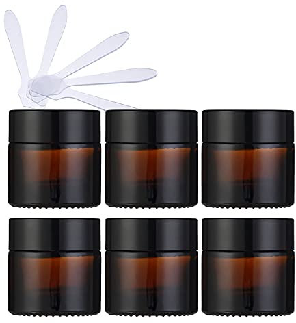 ZEOABSY 6 Pack Amber Glass Cosmetic Jars, 10ml Empty Face Cream Storage Containers Pots with Black Lid & Inner Liners for Creams, Lotion, Eye Cream, Make-Up Storage, Lotion Ointment + 6X Spatula.