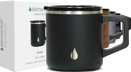 Elemental Summit Coffee Mug - Coffee Cup Travel Mug - Thermal Cup with Handle & Lid - Lightweight Vacuum Insulated Coffee Cup - Hot & Cold Triple Wall Stainless Steel Travel Mugs - Black - 350 ml