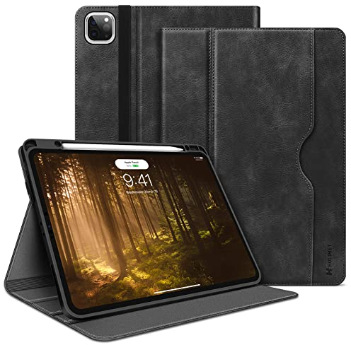 HOLIMET Hülle für iPad Pro 12.9 Zoll 2022/2021/2020/2018 (6./5./4./3. Generation) mit Stifthalter, PU Leder Folio Case Stoßfest mit Tasche und Auto Wake/Sleep Funktion, Multi-Winkel Ständer (Schwarz)