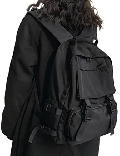 XKUN Schulrucksack Backpacks Studenten Rucksack Großer Kapazitätsbutton -Reisetasche Solid Einfache Harajuku Chic Fashion Retro Unisex-Black