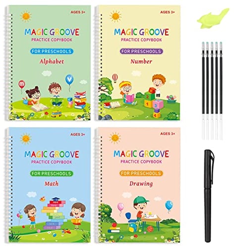 Magic Practice Copybook for Kids, 4 Pack Groove Calligraphy for Children Set with Handwriting Pens for Beginners, Reusable Children Workbook for Drawing, Math, Numbers, English Alphabet, 19x13cm