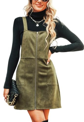 CUPSHE Damen Latzkleid Reißverschluss Wildleder Ärmellos Mini Kleid | Dekorativer Ringzipper, praktische Fronttaschen und figurbetonende A-Linie für moderne Herbstlooks.