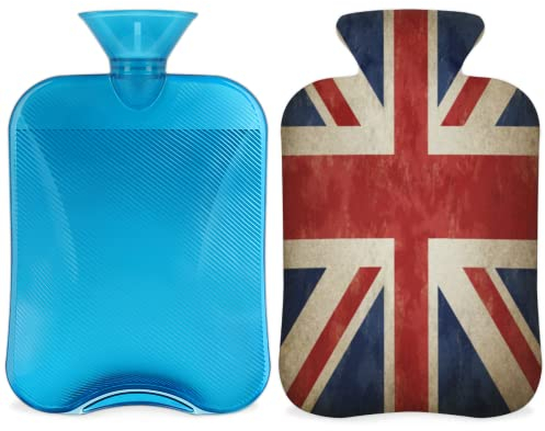 Britain Flag Union Jack Hot Water Bottle with Fluffy Cover, 2L Large Capacity Hot Water Bottles for Kids Men Women, Vintage UK Flag Warm Water Bottle for Cosy Nights, Pain Relief, Back