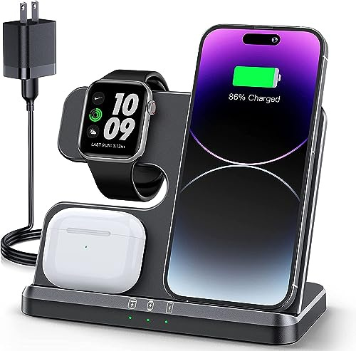 JARGOU Wireless Charger for iPhone/Apple Watch/AirPods, 3 in 1 Wireless Charging Station for iPhone 16 15 14 13 12 11 Pro Max, iWatch Charger for iWatch 10/9/Ultra/SE/8/7/6/5/4/3/AirPods Pro 4 3 2