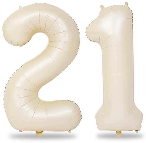 Lingqiang Cream 21st Birthday Balloons Her, 40 Inch Beige Foil Number 21 Balloons Boys Girls, Ivory White Birthday Party Balloons Numbers 2 & 1 Women Men 12th 21st Anniversary Decor Supplies