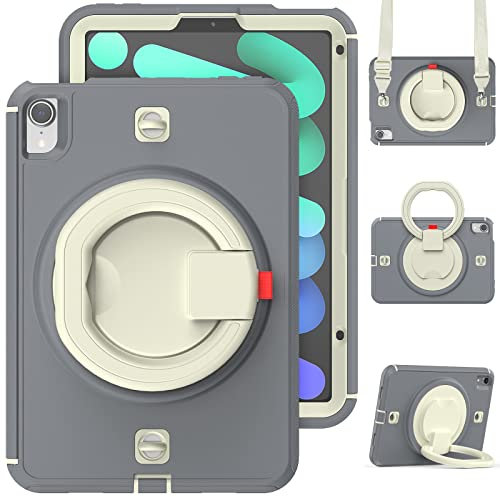 V-MOTA 8.3 inch Flat Protect Compatible with New iPad Mini 6 (2021 Model), Rugged Heavy Duty Shockproof Rotatable Kickstand Bracelet Protective Cover (Beige+Grey)