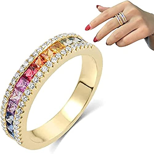 LAKEMON Diakiane Regenbogen-Turmalin-Spinni-Ring, Kristallquarz-Ring, Ewigkeits-Regenbogen-Ring für Frauen (Gold)
