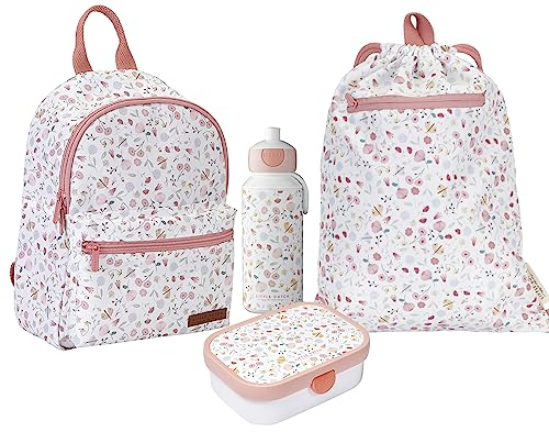 Little Dutch FB-RU-TB-BD-PU Set Kinderrucksack, Kinderturnbeutel & Brotdose Campus & Trinkflasche Pop-up - Flowers & Butterflies