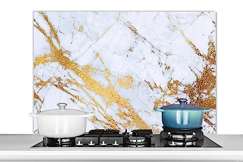 KitchenYeah© Küchenrückwand Platte Spritzschutz Küche Deko Aluminium Platte Spritzschutz Herd Alternative für Selbstklebende FolieMarmor - Gold - Weiß - Luxus - Marmoroptik - Glitzer - 100x65 cm