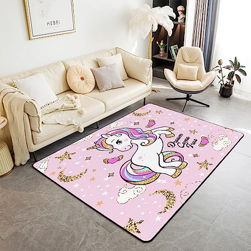 Homemissing Licorne Glitter Salon Tapis Chambre 100x150cm Fille Mignon Licorne décoratif Rainbow Tapis de Salon Cloud Star Cartoon Licorne Rose