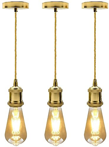 LEDSone Plafonnier industriel suspendu E27, 95 cm, réglable, avec câble, luminaire pour couloir, cuisine, chambre, salon, salle à manger, restaurant, café (Or français, Lot de 3)