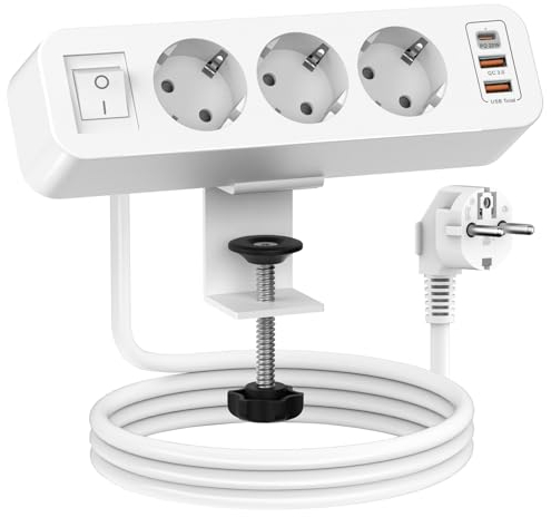 SUDEERY Enchufe de mesa con 2 USB y 1 Type-C, 3 enchufes con interruptor, regleta con cable de 2 m para casa, oficina, color blanco