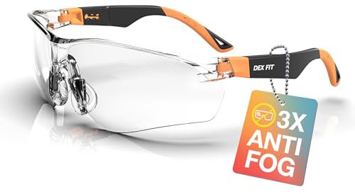 DEX FIT SG210 Gafas de Seguridad; Protección Ocular Z87, 3x Resistentes a la Niebla y a los Arañazos, Ajustables, para Hombres y Mujeres, con Protección UV