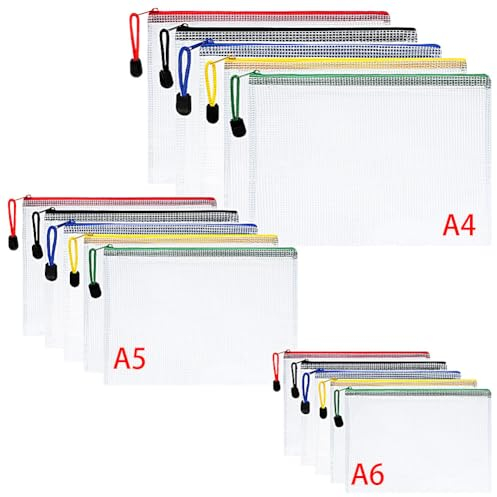 Vicloon Dokumententasche A4+A5+A6, 15pcs Mesh Plastic Zip Bag, Wasserdichte Document Case, Reißverschlusstasche Zip Beutel Tasche Wallet Taschen Kunststoff Mesh Dokumentenmappen