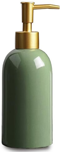 Dispensador de jabón de cerámica verde con bomba dorada, botella dispensadora de loción cilíndrica de diseño simple, dispensador de jabón líquido recargable para cocina, baño, baño