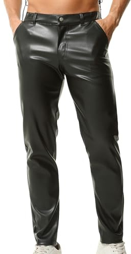 YOOBNG Mens Skinny Black Pu Leather Pants Straight Leg Faux Leather Pants Night Club Leggings Shiny Disco Casual Trousers