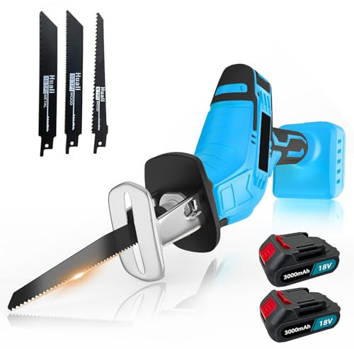 Akku-Säbelsäge, Ersatz für Makita Batterie, 0-3000SPM Variable Geschwindigkeit,Professional Säbelsäge mit 4 Säbelsägeblatt, für Metall/Holz/PVC-Rohr/Baumschnitt (2x3000mAh)