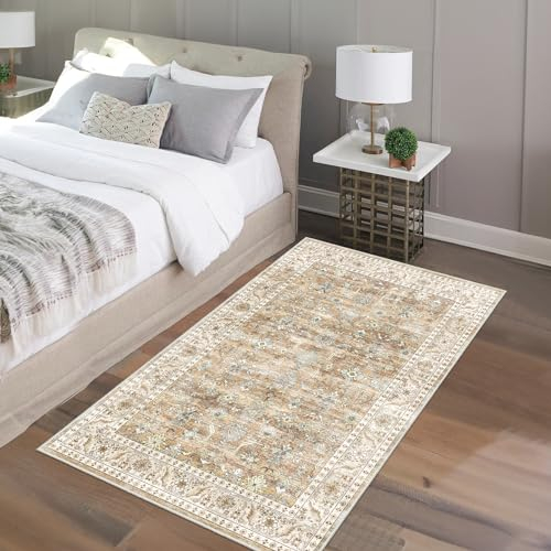HOMFINE Vintage Teppich Wohnzimmer Waschbar - Kurzflor Waschbarer Teppich Super Weich rutschfest Blumen Design Groß Wohnzimmerteppich für Schlafzimmer Esszimmer Beige Braun 80 x 150 cm