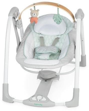 Ingenuity, Columpio Portátil Cozy Spot Swing 'n Go, Barra de Juguetes de Madera Extraíble y Giratoria, 6 Velocidades, 0-9 Meses, Hasta 9 kg
