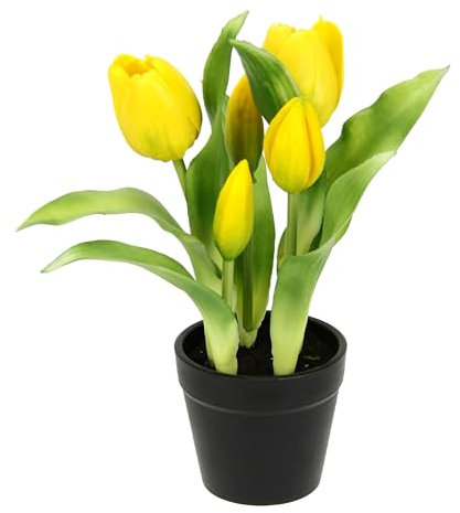 Flair Flower Künstliche Tulpen im Topf Real-Touch Blüten Frühlingsdeko Osterdeko Tulpe Tulpenstrauß Latex Kunsttulpe Einzelblumen Kunstblumen Blumen Tischdeko Dekoration Stielblume Seidenblume, gelb