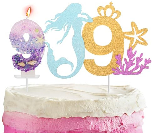 Mermaid 9th Birthday Cake Topper with Number Candle and Sparkling Candles - Cake Decorations for Girls and Boys