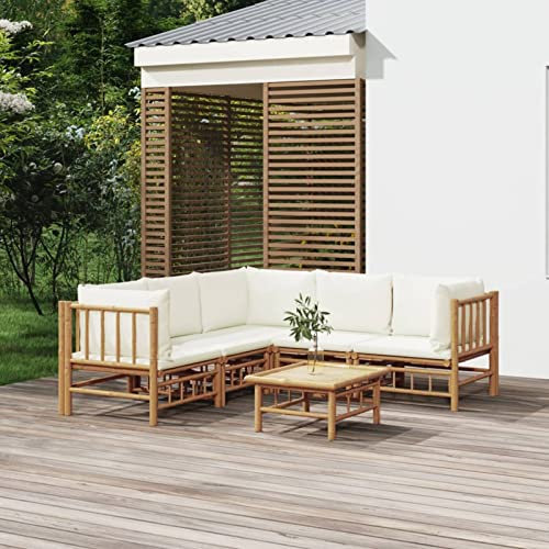Rantry Juego de salón de jardín de 6 piezas con cojines blanco crema de bambú, tumbonas, sofá cama muebles, tumbonas de jardín, tumbona de piscina de exterior, piscina 3 x esquinas, 2 x centrales +