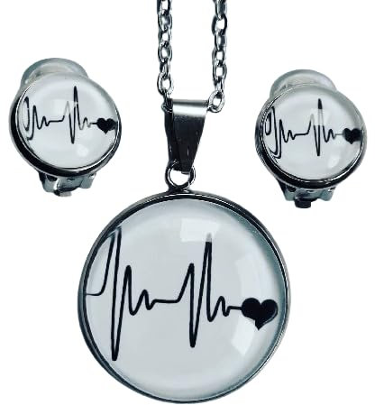 Generisch Schmuckset Herzlinie EKG schwarz weiß Ohrstecker und Halskette mit Anhänger (mit Ohrclips)